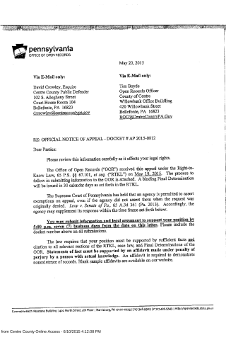A scanned letter from the Pennsylvania Office of Open Records dated May 20, 2015, regarding an official notice of appeal under the Right-to-Know Law.