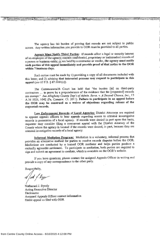 A scanned legal document detailing agency record access procedures, third-party notification requirements, and mediation programs.