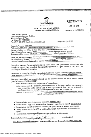 A scanned form titled 'Pennsylvania Office of Open Records Right to Know Law Appeal Denial or Partial Denial' with filled fields and a signature.
