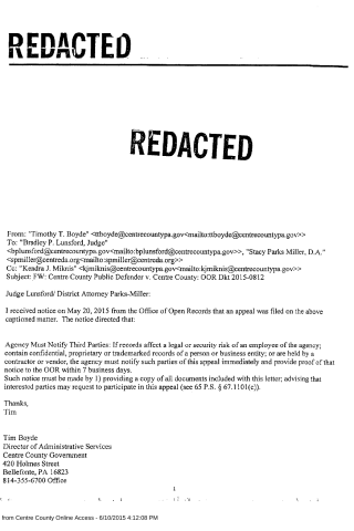A scanned legal correspondence document with redacted headers, email metadata, and text regarding a public records appeal notice.