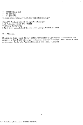 A printed page from a legal or government document showing contact information, email addresses, and a brief message about an appeal filed with the Office of Open Records.