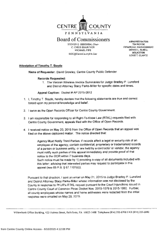 A scanned official document from Centre County Pennsylvania Board of Commissioners regarding an Open Records appeal.