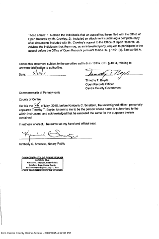 A scanned legal affidavit from the Commonwealth of Pennsylvania regarding an appeal filed with the Office of Open Records, signed by Timothy T. Boyde and notarized by Kimberly C. S