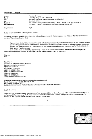 A scanned email correspondence between Timothy T. Boyde and legal officials regarding a Centre County Public Defender appeal to the Office of Open Records.