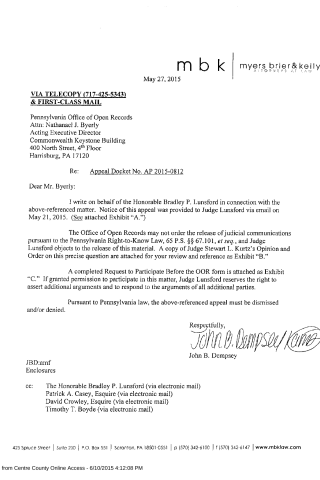 A scanned legal letter from Myers Brier & Kelly dated May 27, 2015, addressed to the Pennsylvania Office of Open Records regarding an appeal docket number AP 2015-0812.