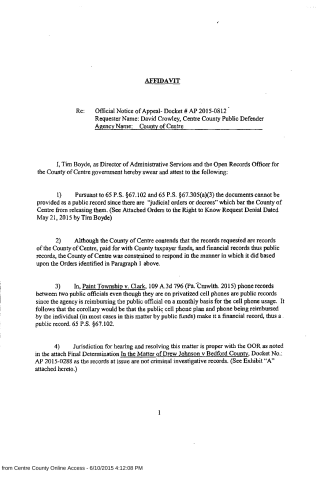 A scanned legal affidavit document from the County of Centre regarding a Right to Know Request denial dated May 21, 2015.