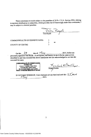 A scanned legal acknowledgment page from Pennsylvania, signed by Tim Boyde and notarized by Kimberly C. Smeltzer on May 28, 2015.