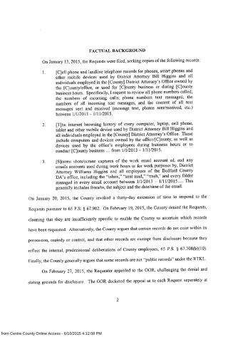 A scanned legal document page titled 'FACTUAL BACKGROUND' detailing record requests from January 2015 regarding phone, internet, and email records.