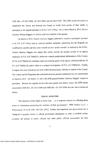 A scanned legal document page discussing appeals, public records, and Right to Know Law analysis.
