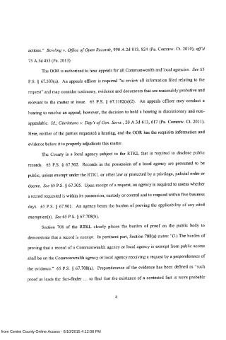 A scanned legal document page discussing appeals authority, public records disclosure under RTKL, and burden of proof standards.