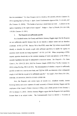 A scanned legal document page discussing public records requests and specificity requirements under Pennsylvania law.
