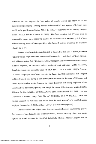 A scanned page from a legal document discussing email request specificity under Pennsylvania law.