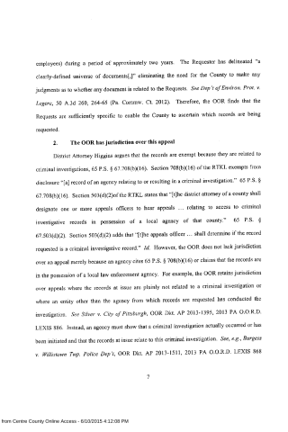 A scanned page from a legal document discussing public records requests, jurisdiction over appeals, and criminal investigation exemptions.