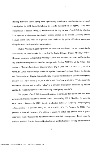 A scanned legal document page discussing records exemption under Section 708(b)(16) of the RTKL, citing cases like Mattes v. Westtown-East Goshen Regional Police Dep't.