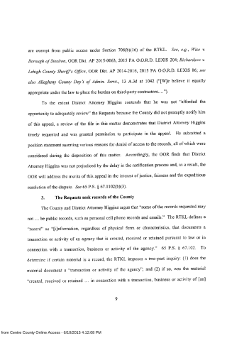 A scanned legal document page discussing public access exemptions, appeals, and record definitions under Pennsylvania law.