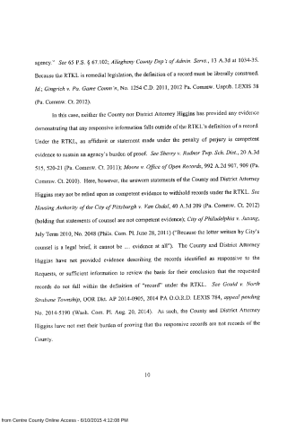 A scanned legal document page discussing record definitions under the RTKL, citing Pennsylvania and federal court cases.