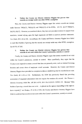 A scanned legal document page with numbered arguments about record exemptions and existence under RTKL law.