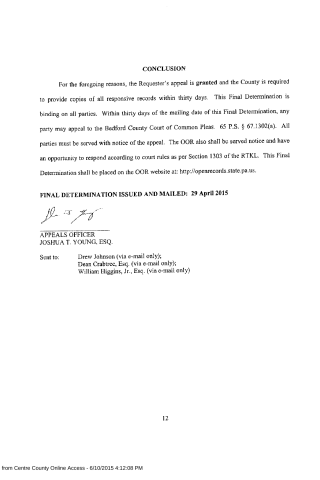 A scanned legal document page titled 'CONCLUSION' with text about an appeal being granted, a signature line for Joshua T. Young, Esq., and recipient details.