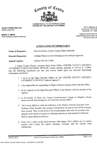 A scanned legal document titled 'Attestation of Third Party' from the County of Centre Office of the District Attorney, detailing records requests and declarations.