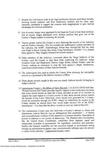 A scanned legal document page with numbered paragraphs discussing judicial records, county officials, and Right to Know laws.