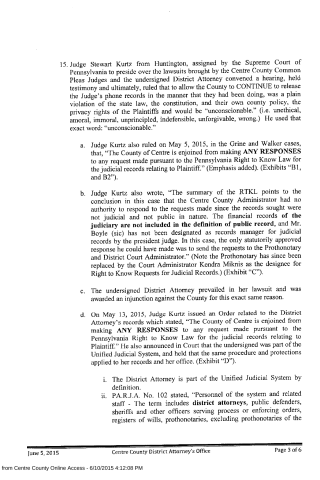 A scanned legal document page from June 5, 2015, detailing Judge Stewart Kurtz rulings on Centre County records and privacy rights.