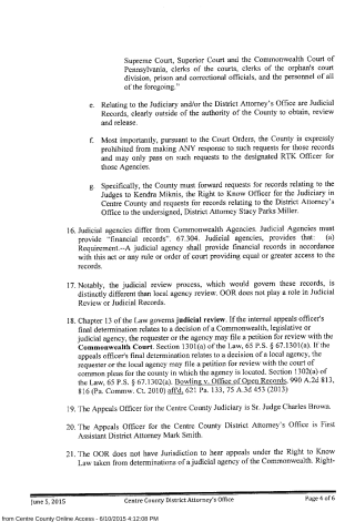 A scanned legal document page from Centre County District Attorney's Office dated June 5, 2015, detailing judicial records and right to know procedures.