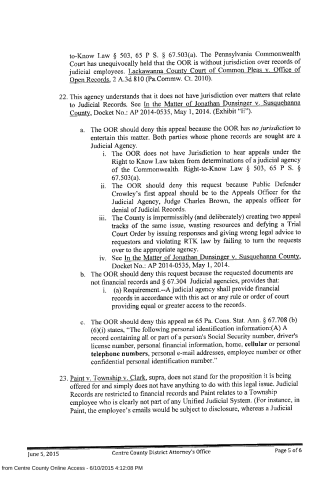 A scanned legal document page from the Centre County District Attorney's Office dated June 5, 2015, discussing Right to Know Law jurisdiction and judicial records.