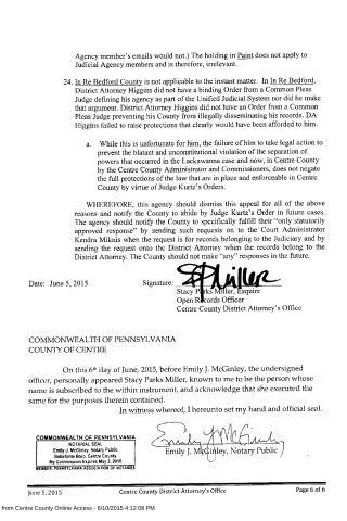A scanned legal document page from Centre County District Attorney's Office dated June 5, 2015, containing text arguments, signatures of Stacy Parks Miller and notary Emily J. McGi