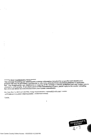 A scanned legal document showing an email confidentiality notice, attorney-client privilege statement, and a 'Defendant's Exhibit A-7' stamp.