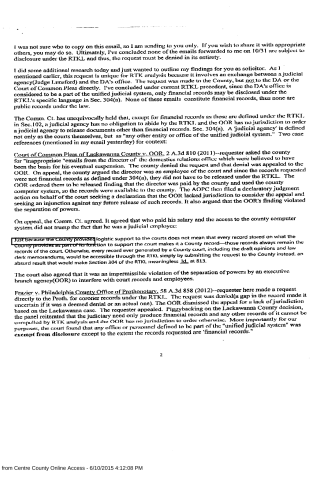A scanned page of a legal document discussing RTKL (Right to Know Law) analysis regarding judicial agencies and record disclosure.