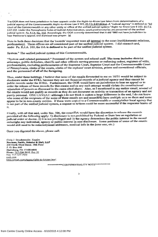 A scanned legal document discussing Right-to-Know Law jurisdiction, judicial system personnel definitions, and email record disclosure in Pennsylvania.