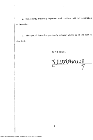A scanned legal document page showing numbered clauses about security and injunctions, signed by a court official.