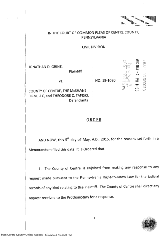 A scanned legal order from the Court of Common Pleas of Centre County, Pennsylvania, dated May 5, 2015, regarding a request for judicial records under the Pennsylvania Right-to-Kno