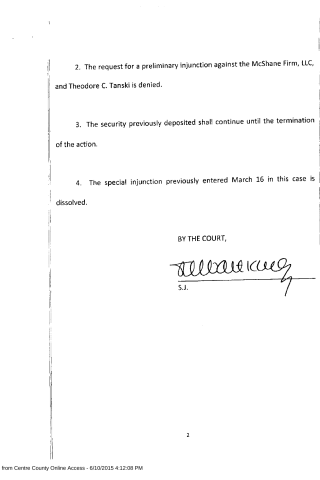 A scanned legal document page showing numbered court rulings on injunctions, security deposits, and a judge's signature.