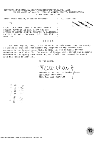 A scanned legal order from the Court of Common Pleas of Centre County, Pennsylvania, dated May 13, 2015, involving Stacy Parks Miller and Sean P. McGraw et al., with a signature of