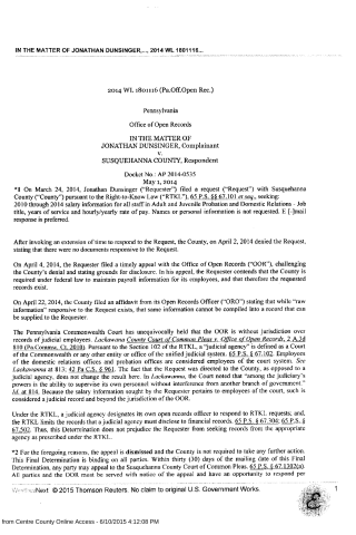 A scanned legal document from the Pennsylvania Office of Open Records regarding a request for salary information by Jonathan Dunsinger.
