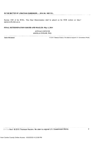 A scanned legal document page showing final determination details for Jonathan Dunsinger, issued May 1, 2014, with appeals officer Angela Eveler listed.