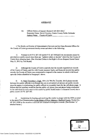A scanned legal affidavit document from the County of Centre regarding public records requests and judicial orders.