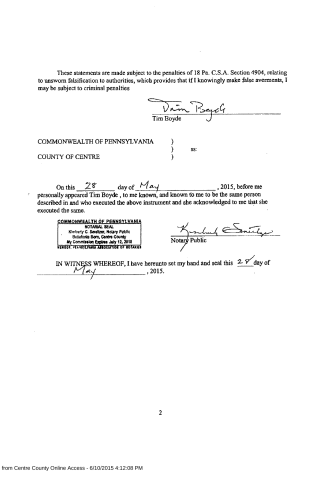 A scanned legal document page from Pennsylvania showing a notary acknowledgment for Tim Boyde dated May 28, 2015.