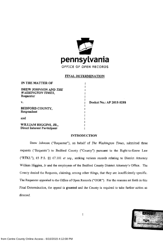 A scanned legal document from the Pennsylvania Office of Open Records detailing a final determination regarding record requests.