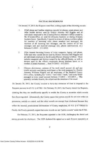 A scanned legal document page titled 'FACTUAL BACKGROUND' listing record requests from January 2015 regarding phone, internet, and email records.
