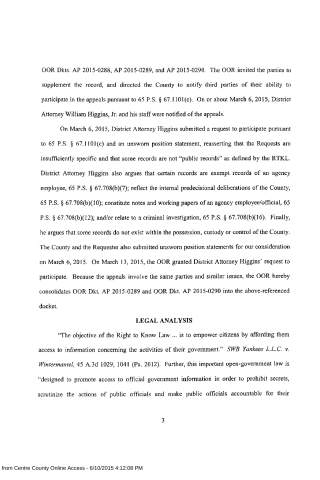 A scanned legal document page discussing appeals, public records, and Right to Know Law analysis.