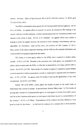 A scanned legal document page discussing appeals authority, public records disclosure under RTKL, and burden of proof in Pennsylvania law.