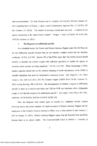 A scanned legal document page discussing public records requests and specific case law citations.