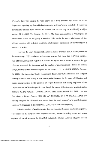 A scanned legal document page discussing email request specificity under Section 703 of the RTKL, citing cases like Worcester and Baxter.
