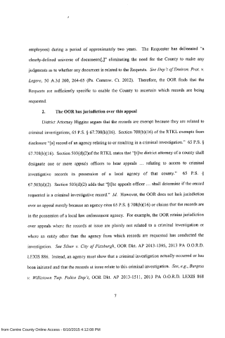 A scanned page from a legal document discussing public records requests, jurisdiction over appeals, and criminal investigation exemptions.