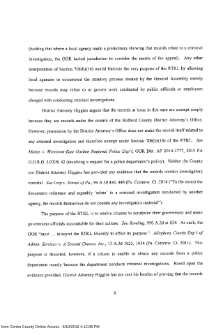 A scanned legal document page discussing records exemption under Section 708(b)(16) of the RTKL, citing cases like Mattes v. Westtown-East Goshen Regional Police Dep't.