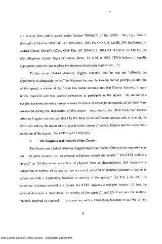 A scanned legal document page discussing public access exemptions, appeals, and record definitions under the RTKL.