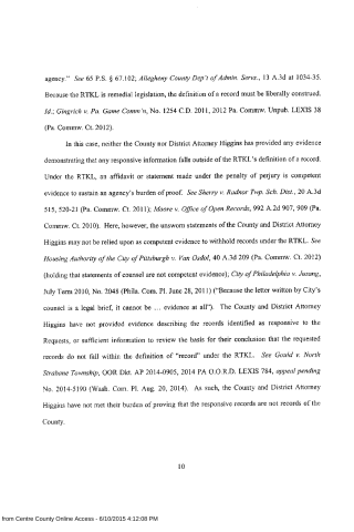 A scanned legal document page discussing record definitions under the RTKL, citing Pennsylvania court cases and statutes.