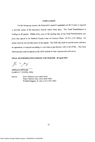 A scanned legal document page titled 'CONCLUSION' with text about an appeal being granted, a signature line for Joshua T. Young, Esq., and recipient names.